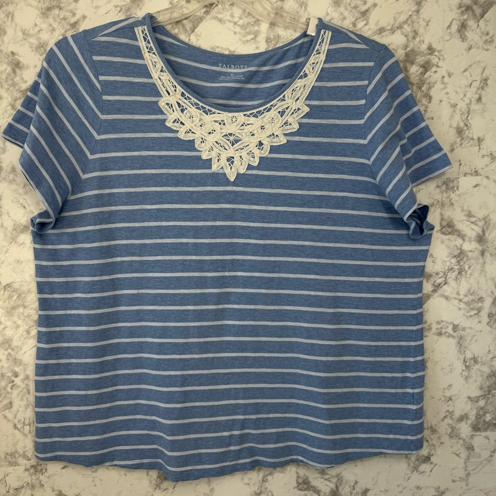 Talbots Womens Embroidered Top Size 3X Blue/White Striped Short Sleeve Tee